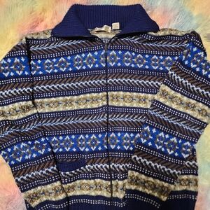 Vintage Nordic Pattern Blue Brown Cardigan Sweater Ash Creek Lg